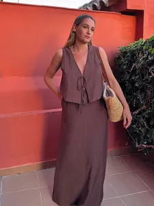 Women Casual Solid Color V Neck Sleeveless Tank Top And High Waist Long Maxi Skirt Set Polyester Lace Up Two Piece Set