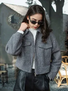 Textured grey tweed short jacket for women, featuring lapel collar and front zipper detail.