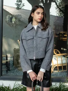 Women grey tweed short jacket coat, casual lapel design for autumn daily style outfit.