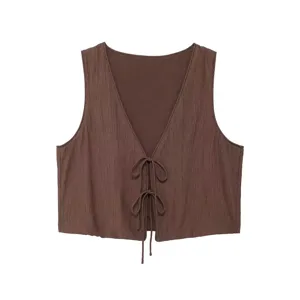 Brown textured front-tie V-neck vest top, chic sleeveless casual summer apparel detail view.