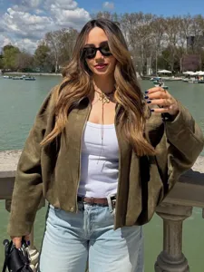 Veste bomber à revers effet suédine pour femme, vêtement d'extérieur décontracté vert olive printemps.