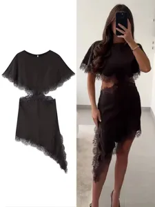 Women's Autumn Winter Fashion Patchwork Dress Lace Trim Cutout Short Sleeve Irregular Dress Casual Clothing