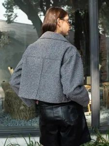 Stylish grey textured cropped jacket for women, perfect for chic casual autumn layering.