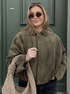 Chic blouson aviateur effet suédine col à revers femme mode streetwear pour le printemps