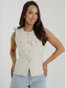 Stylish tweed vest with chic gold buttons, flap pockets and matching belt for women.