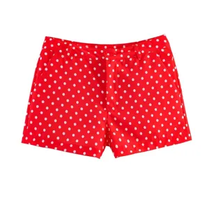 Pantalones cortos casuales de verano para mujer con lunares rojos vista detallada moda