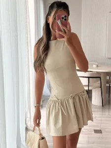 Women sleeveless short dress solid color casual drop-waist bow mini summer vacation apparel