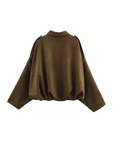 Blouson aviateur effet suédine marron pour femme, vue arrière coupe oversize et col.