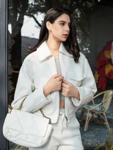 Autumn white tweed short jacket for women casual slim fit stylish daily outerwear.