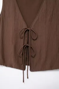 Brown textured fabric crop top detail, v-neck front tie ribbon design, summer fashion top