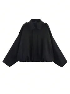 Veste bomber noire en suédine pour femmes à revers, vêtement élégant à manches chauve-souris.