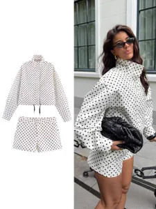 Mujer Casual Manga Larga Lunares Chaqueta Y Shorts Conjunto A juego Poliéster Moda Ropa Urbana