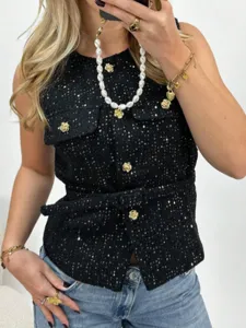 Black tweed sleeveless vest with gold flower buttons and belt chic women's punk texture top