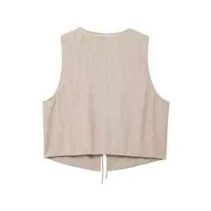 Textured sleeveless crop top detail view, casual beige summer vest with tie hem design.
