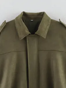 Veste en suédine vert olive femme revers manteau pilote mode printanière vêtement casual