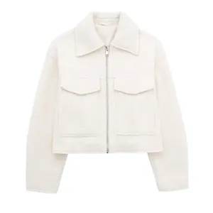 Women white short zip jacket casual lapel outerwear with front pockets for autumn style