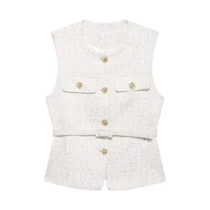 Women white tweed sleeveless vest with chic metal buttons and matching belt for elegant style.