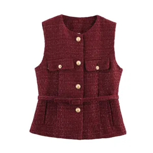 Burgundy tweed vest detail, round neck, metallic gold buttons, and matching waist belt.
