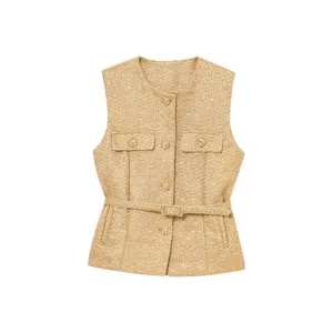 Detailed view of women gold tweed sleeveless vest featuring chic metallic buttons and matching belt.