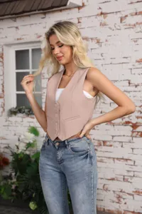 Womens casual v-neck crop vest top summer fashion button down sleeveless suit waistcoat.