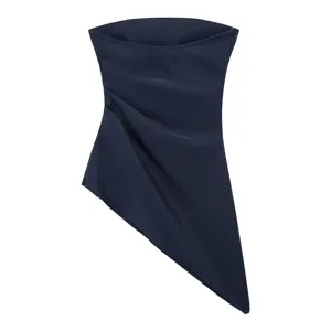 Chic navy blue strapless top for women with stylish side pleating and a trendy asymmetrical hem.