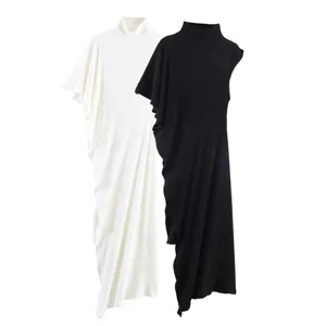 Women asymmetrical high neck pleated sleeveless t-shirt slim fit casual chic top detailing view