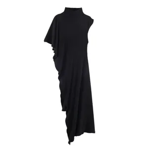 Asymmetric High-Neck Draped Sleeveless T-Shirt Women's Slim Black Casual Chic Top