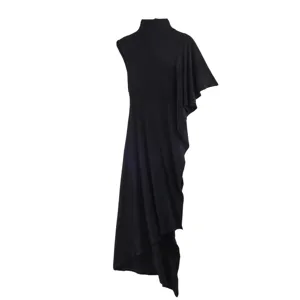 Asymmetric high neck sleeveless design with elegant pleated details and slim fit silhouette.