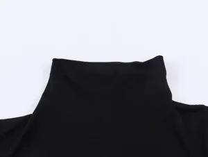 Close-up of a black asymmetric mock neck sleeveless top, showcasing the collar detail clearly.