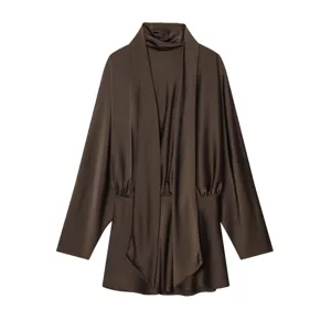 Detailed view of the dark brown satin draped scarf collar long sleeve top, elegant and smooth.