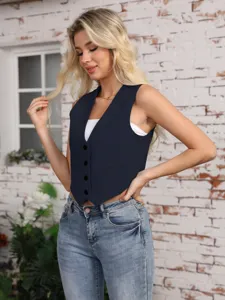 Detail view of a stylish women's slim-fit v-neck waistcoat vest in navy blue, classic look.