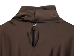 Back detail of dark brown satin scarf collar dress, close-up showing keyhole button.