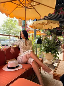 Women polka dot long sleeve button up shirt and high waist pants two piece outfit set.