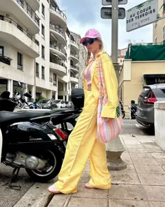 Women yellow striped casual shirt and pants set loose summer beach sun protection outfit