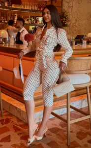 Women European Vintage Polka Dot Long Sleeve Shirt And High Waist Pants Two Piece Set