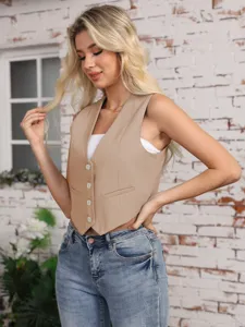 Casual V-neck cropped vest for women, sleeveless single-breasted summer waistcoat top.