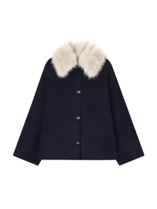 Women winter navy coat with plush faux fur collar casual warm long sleeve outerwear