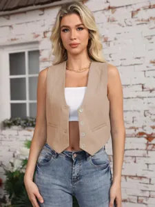Casual women's khaki sleeveless cropped vest waistcoat with white tube top and blue jeans detail view