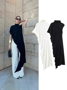Women Asymmetrical High Neck Pleated Sleeveless T-Shirt Casual Slim Fit Polyester Solid Color Summer Top