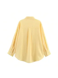 Women yellow white striped loose casual shirt back detail, summer sun protection top.