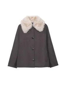 Women's autumn winter wool blend coat with luxury faux fur collar warm casual short jacket