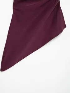 Burgundy asymmetrical ruched strapless top detail, stylish spring women's fashion apparel.