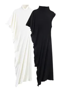 Asymmetric high-neck sleeveless dress featuring stylish pleated drape design for women.