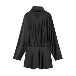 Black satin long sleeve cowl neck mini dress elegant socialite style casual chic apparel