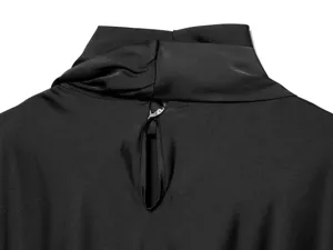 Black satin dress back scarf collar detail view with keyhole button closure elegant design