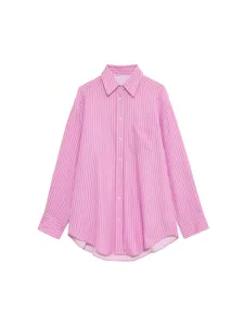 Detail view of women's pink and white striped long sleeve button down shirt with chest pocket.