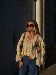 Women long sleeve V-neck ruffled blouse casual spring autumn stylish top fashion shirt