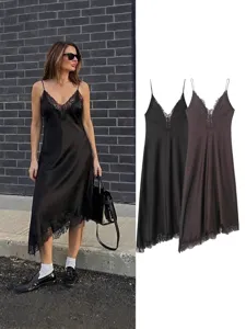 Women's European Style Lace Trim Satin Texture Slip Dress Elegant V Neck Sleeveless Midi Dress Casual Solid Color Dress