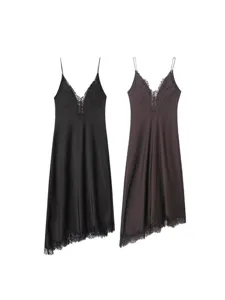 Women Satin Slip Dress Lace Trim V-Neck Cami Dress Elegant Fall Nightwear Apparel