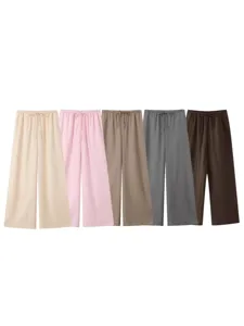 Women's casual linen drawstring wide-leg trousers multi-color comfortable long pants
